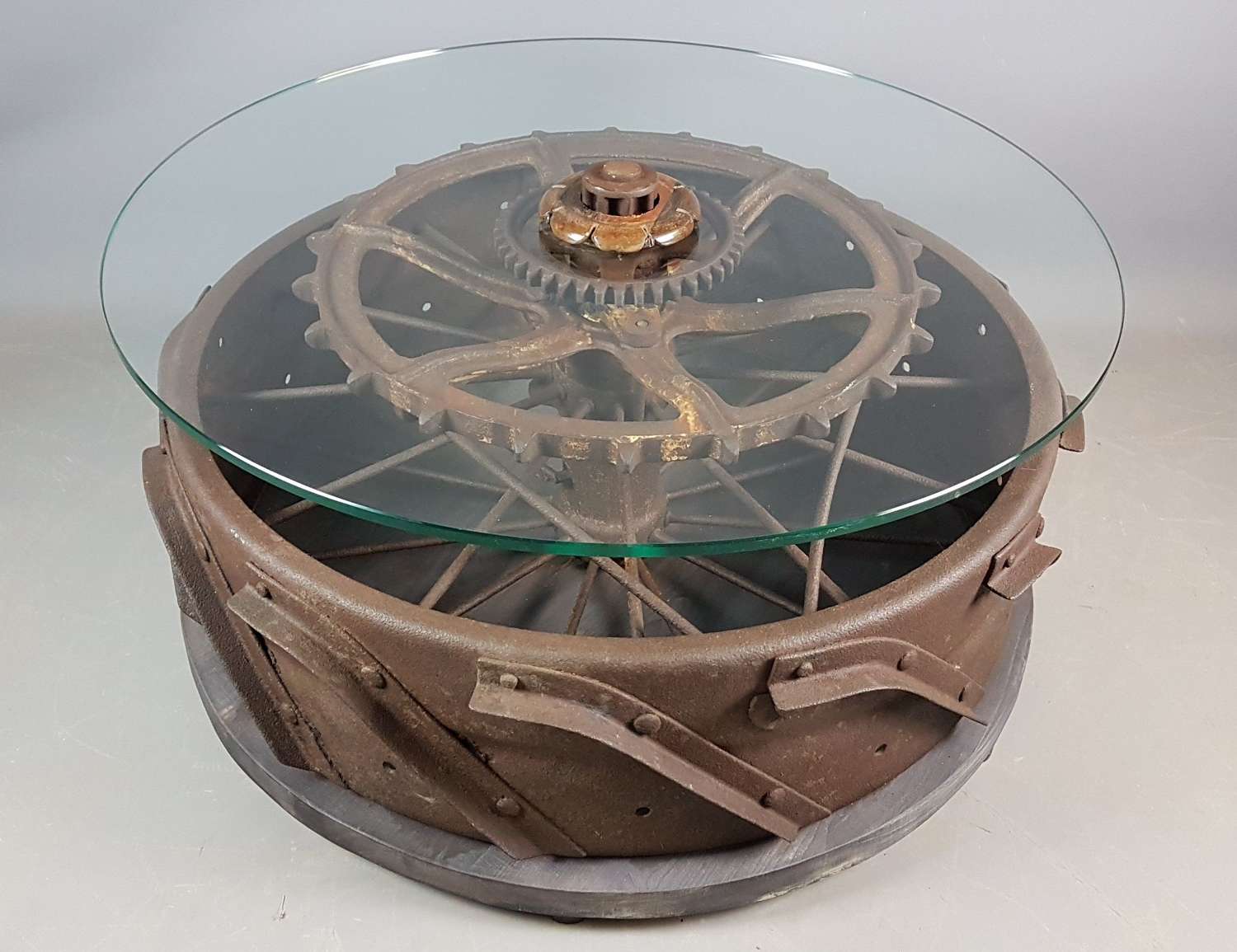 Antique Iron Tractor Wheel Coffee Table