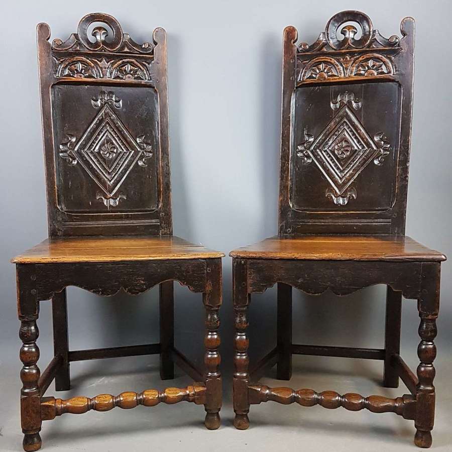Pair of 17thC Panel Backed Oak Chairs