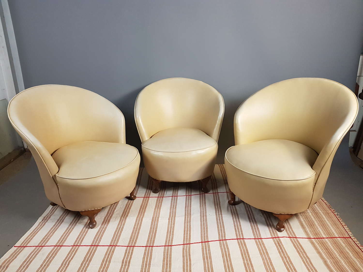 3 mid century tub chairs in original vinyl upholstery