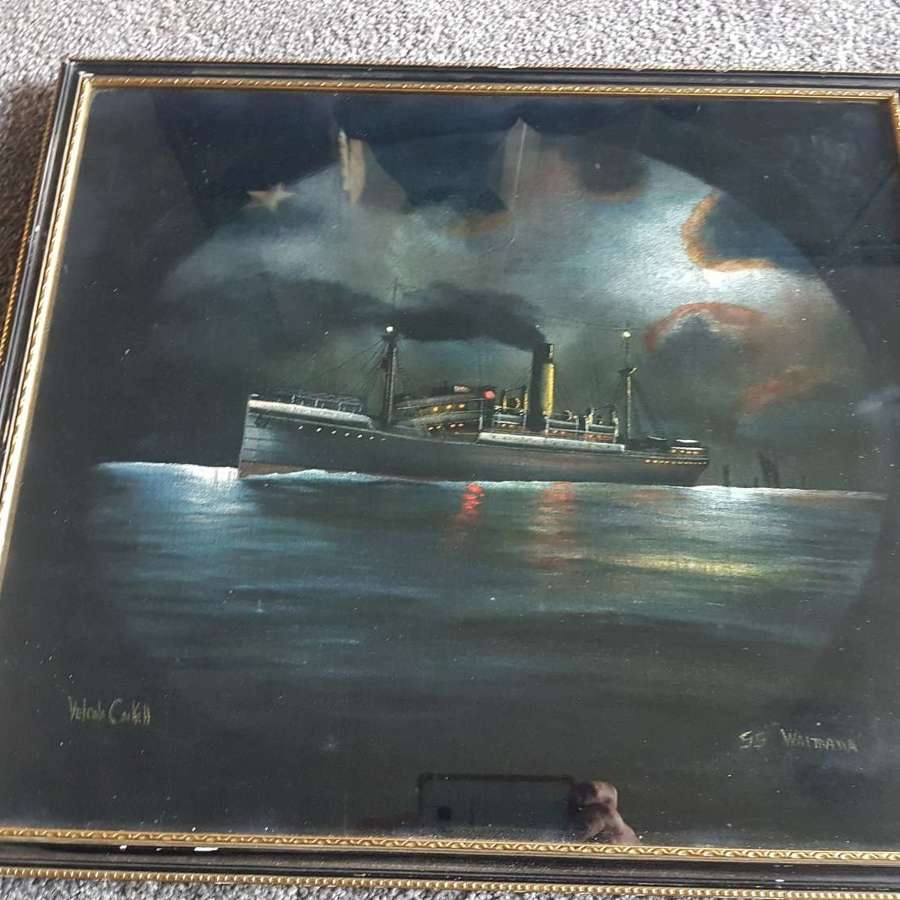 Oil on Velvet, SS Wiamana signed Velcela Cockell