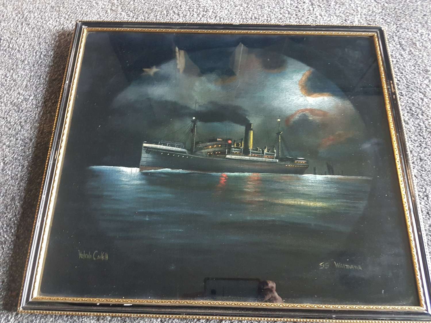 Oil on Velvet, SS Wiamana signed Velcela Cockell