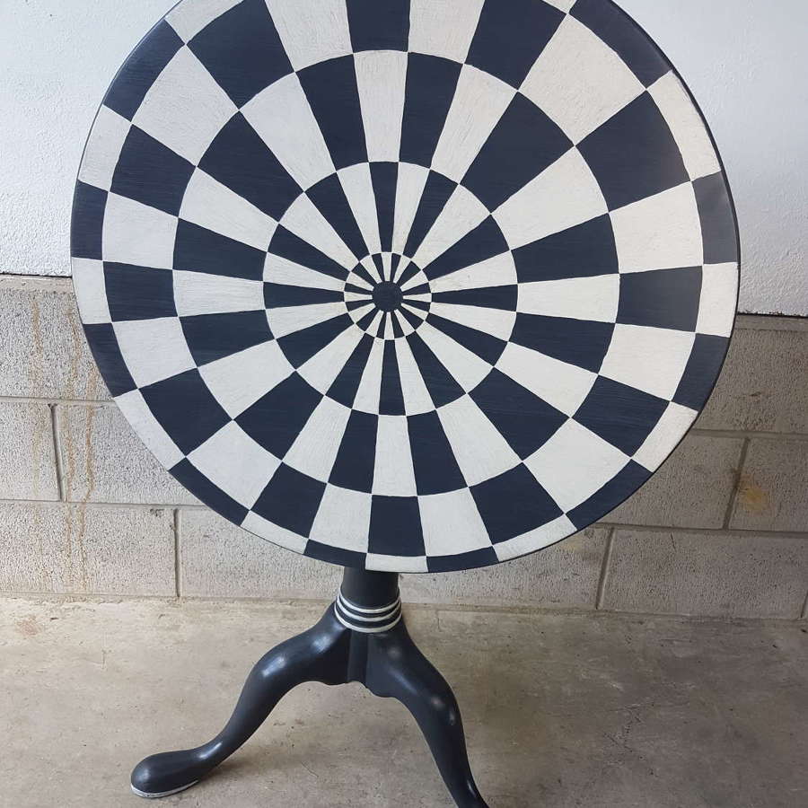 Painted Georgian tilt-top birdcage table in geometric pattern