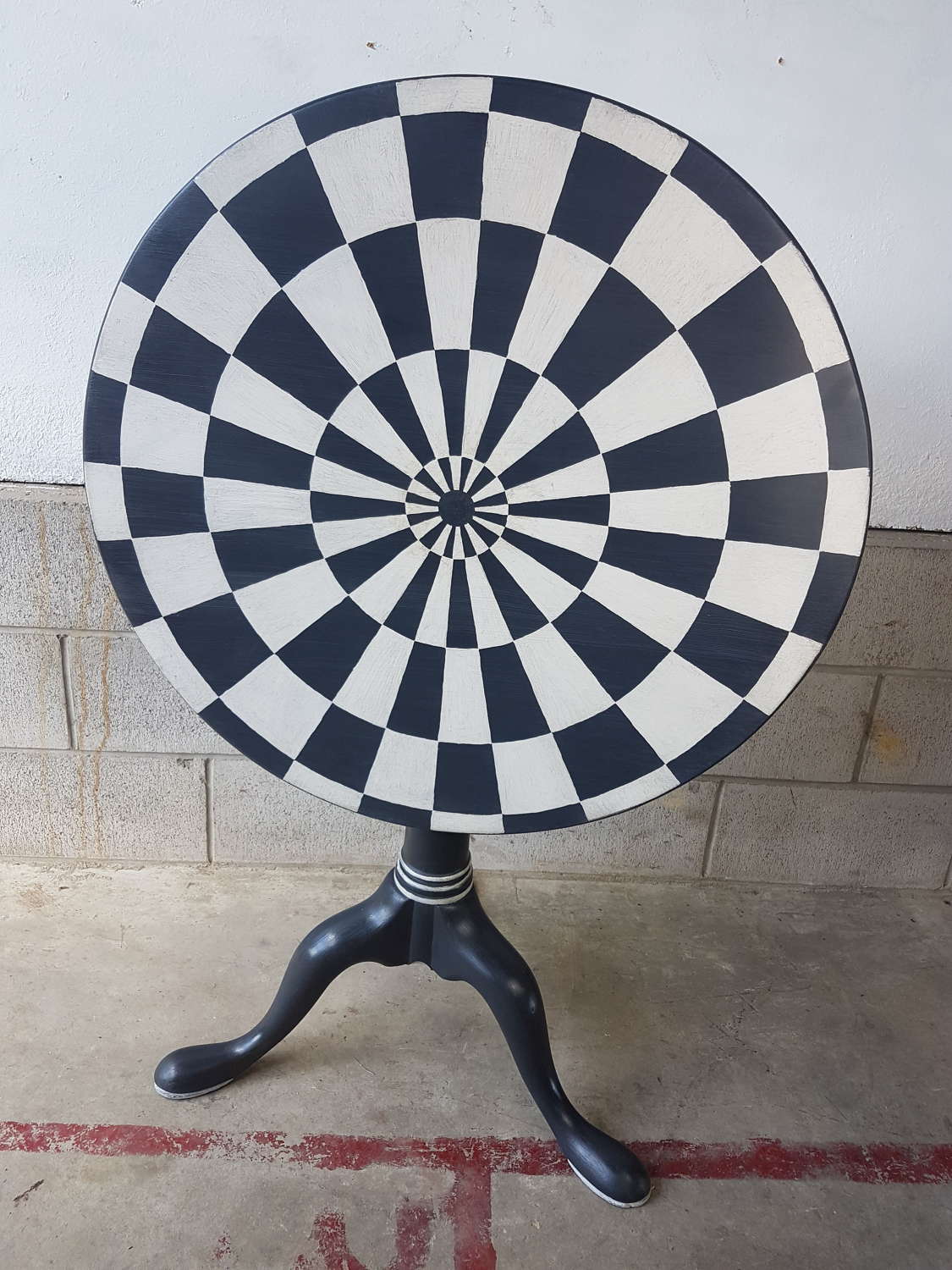 Painted Georgian tilt-top birdcage table in geometric pattern